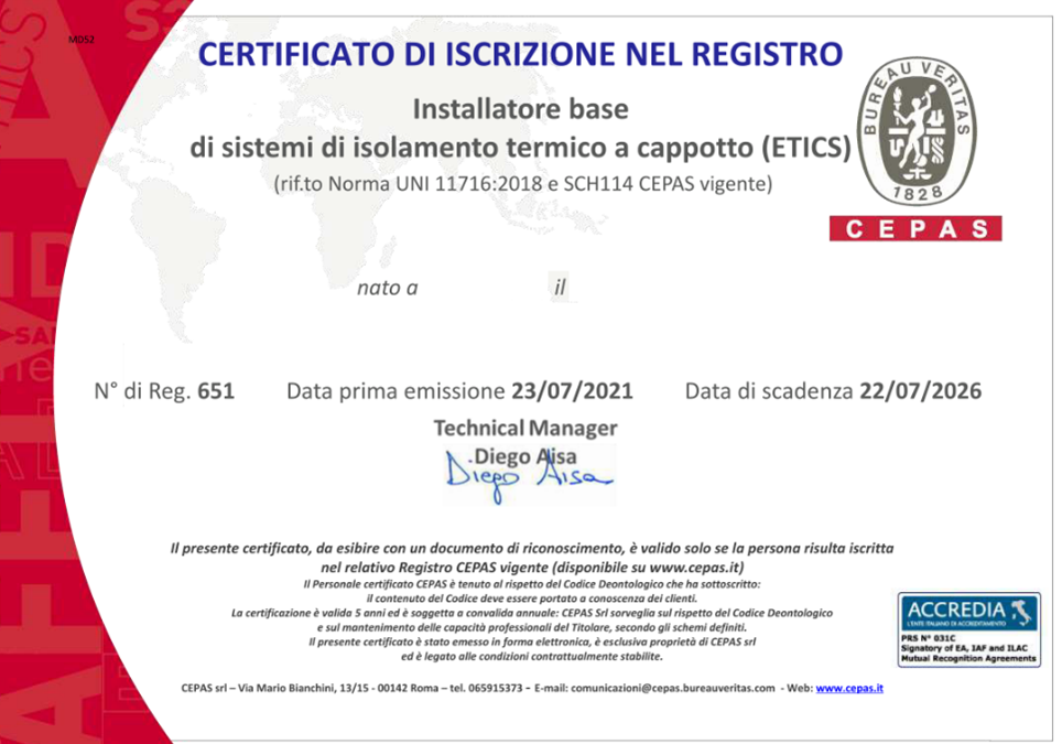 FORMAZIONE: Certificazione sistemi di isolamento termico a cappotto (ETICS)